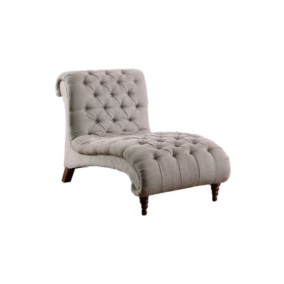 68 Inch Rolled Design Chaise, Gray Fabric, Button Tufting, Turned Feet