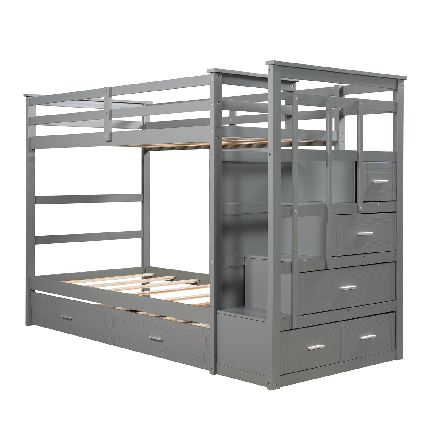 Solid Wood Bunk Bed, Hardwood Twin Over Twin Bunk Bed with Trundle and Staircase, Natural Gray Finish(Old SKU: LP000068AAE)