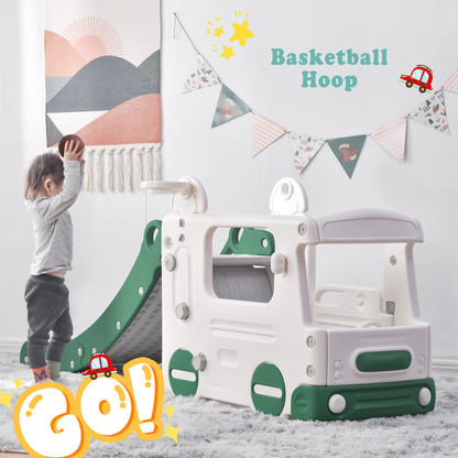 Kids Slide with Bus Play Structure Climber, Freestanding Bus Climber with Slide for Toddlers, Bus Climber Slide Set with Basketball Hoop