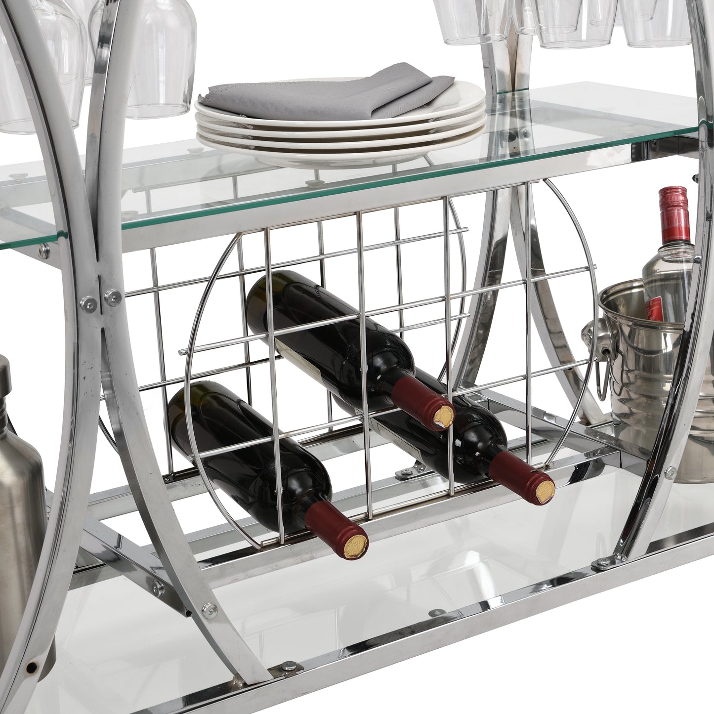 Contemporary Chrome Bar Cart with Wine Rack Silver Modern Glass Metal Frame Wine Storage