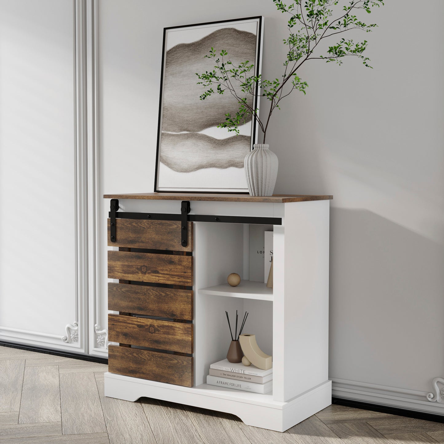 Side Cabinet Buffet Sideboard with Sliding Barn Door and Interior Shelves, White+Rustic dark oak