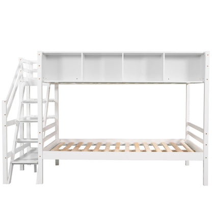 Twin over Full Bunk Bed with Staircase and Built-in Storage Cabinets,White