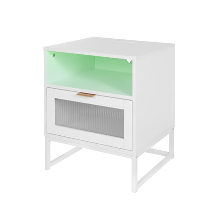 Nightstand with  LED Lights / Drawer, White Bedside Table for Bedroom