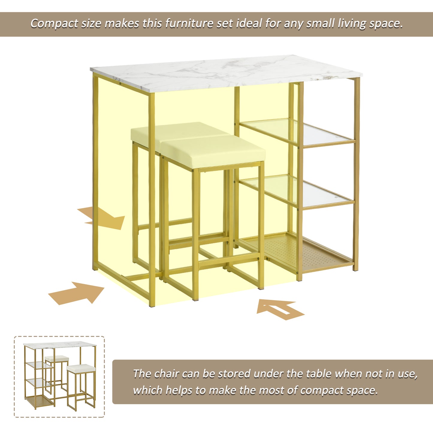 TREXM 3-piece Modern Pub Set with Faux Marble Countertop and Bar Stools, White/Gold