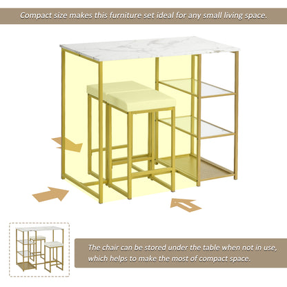 TREXM 3-piece Modern Pub Set with Faux Marble Countertop and Bar Stools, White/Gold