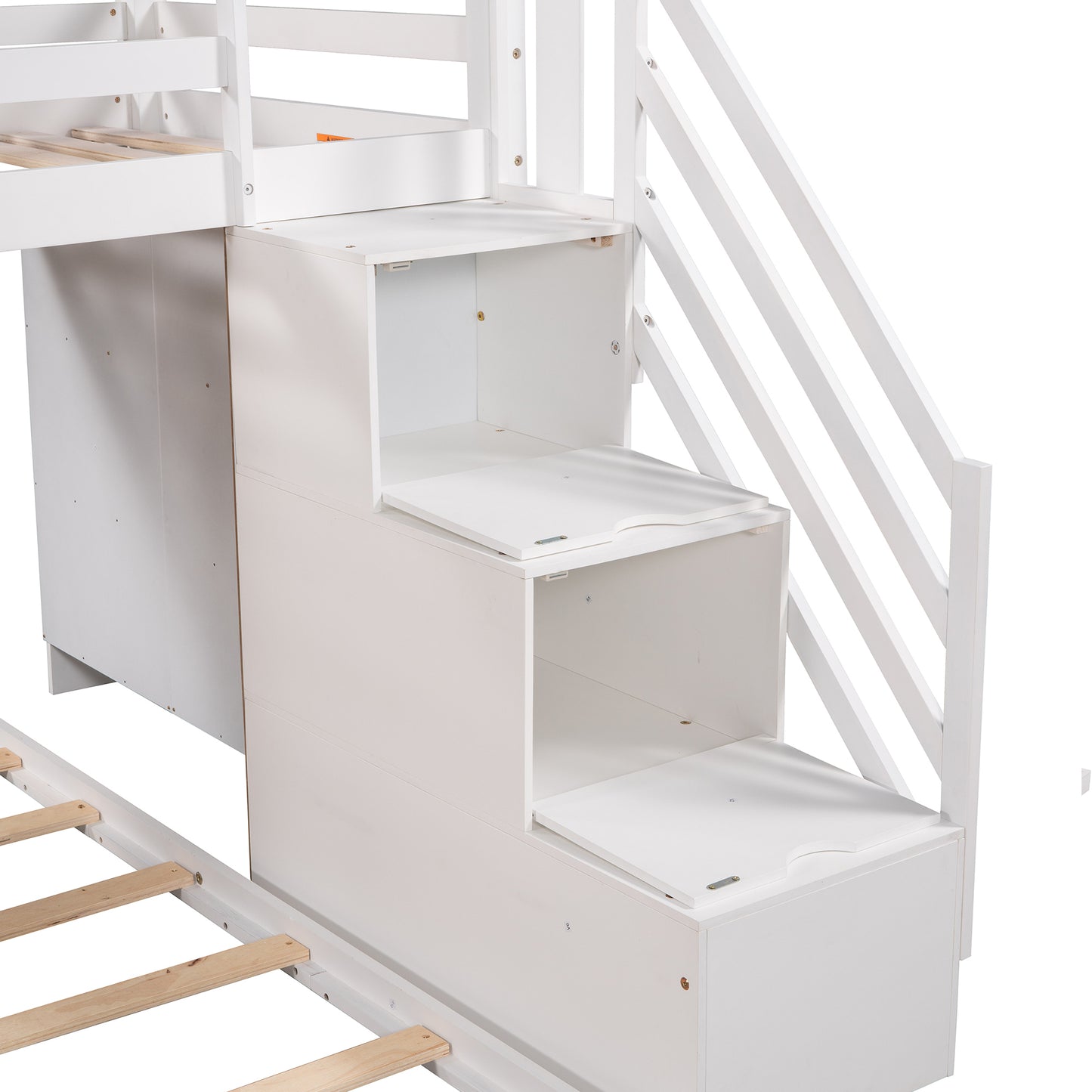 Twin over Full House Roof Bunk Bed with Staircase and Shelves, White