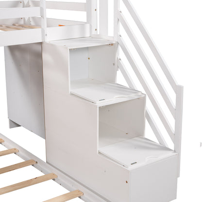 Twin over Full House Roof Bunk Bed with Staircase and Shelves, White