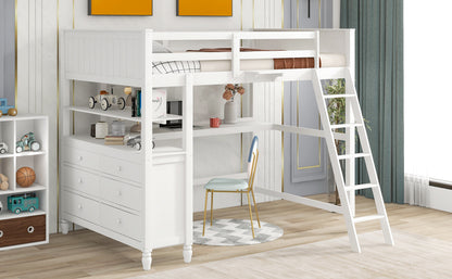 Full size Loft Bed with Drawers and Desk, Wooden Loft Bed with Shelves - White(OLD SKU:LT000529AAK)