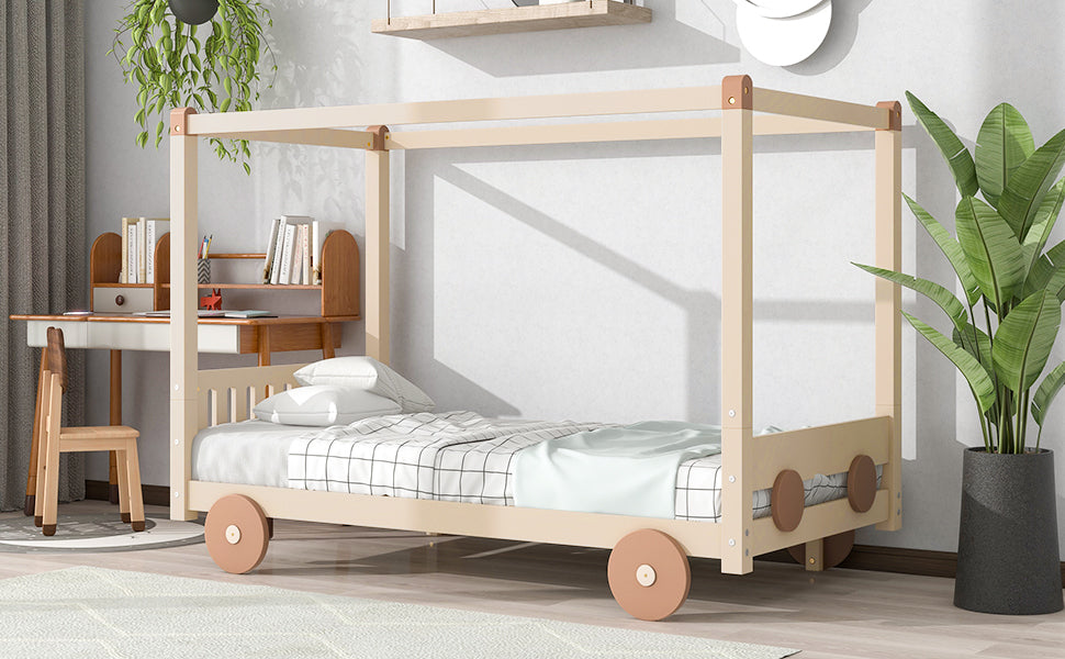 Twin Size Canopy Car-Shaped Platform Bed,Natural+Brown