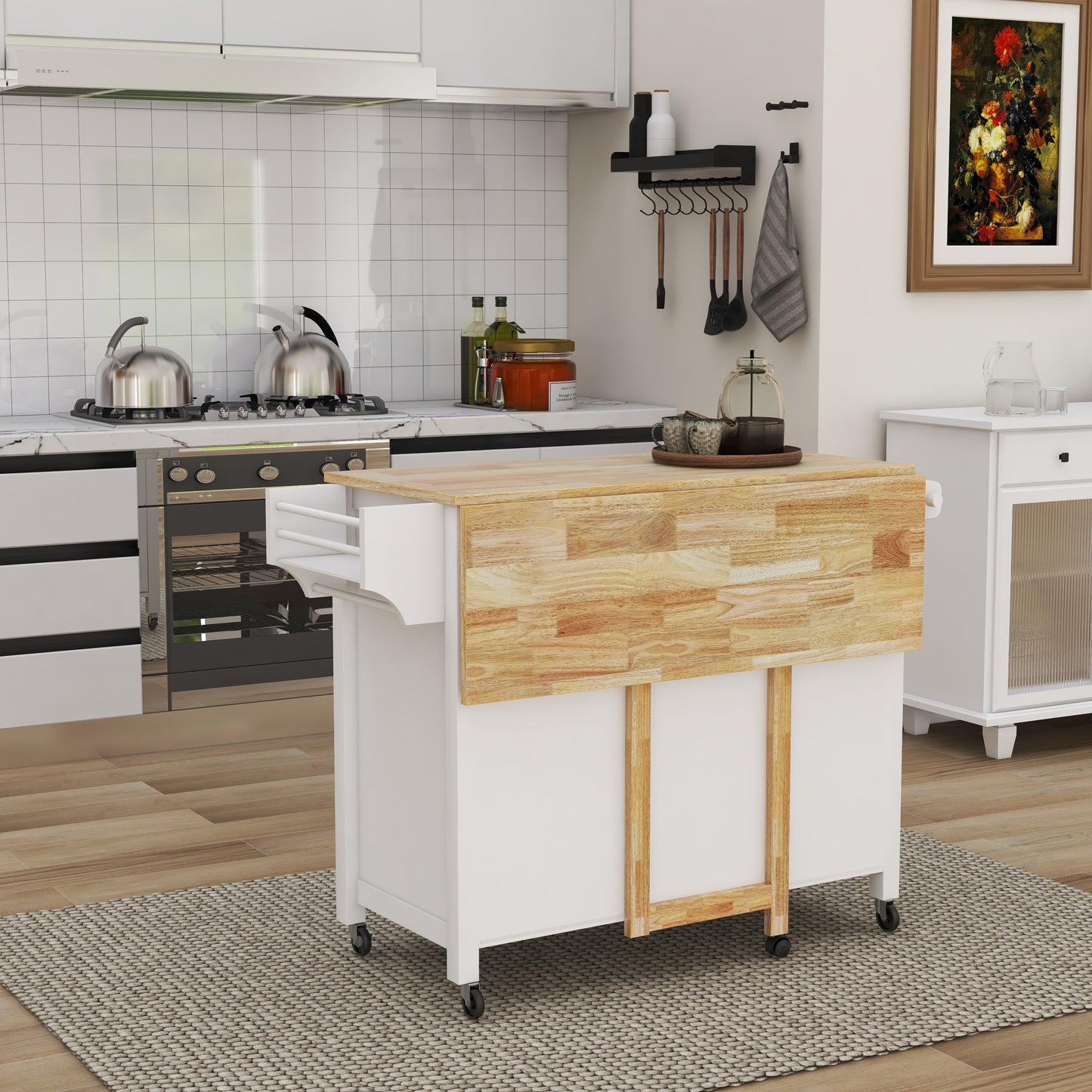 Double Door Kitchen Island with Lockable Wheels, Towel Rack, Storage Drawer and Three Open Shelves-White