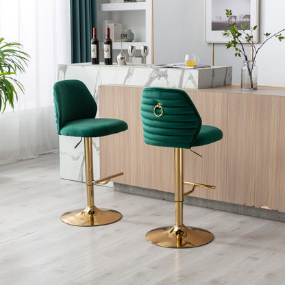 Swivel Bar Stools Chair Set of 2 Modern Adjustable Counter Height Bar Stools, Velvet Upholstered Stool with Tufted High Back & Ring Pull for Kitchen , Chrome Golden Base, Green