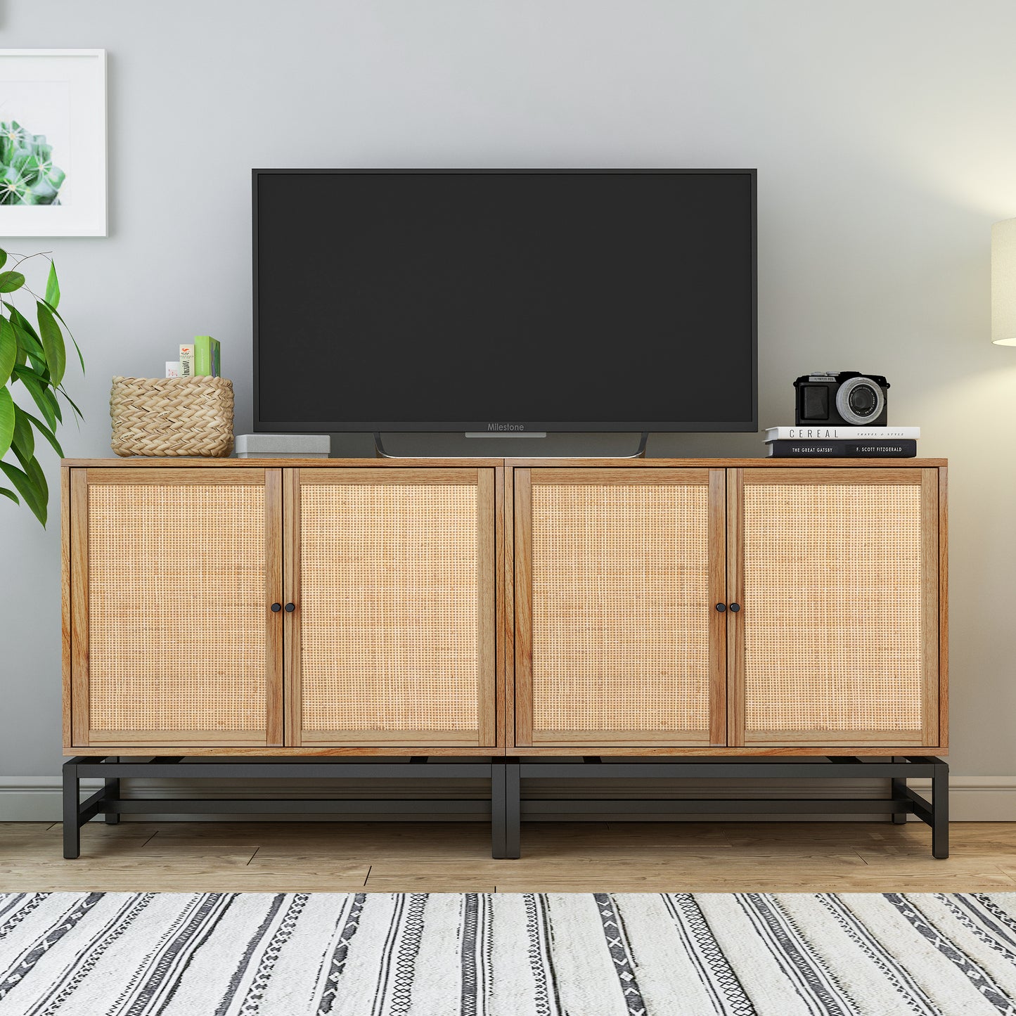 Natural rattan，2 door cabinet，with 1 Adjustable Inner Shelves，rattan，Accent Storage Cabinet