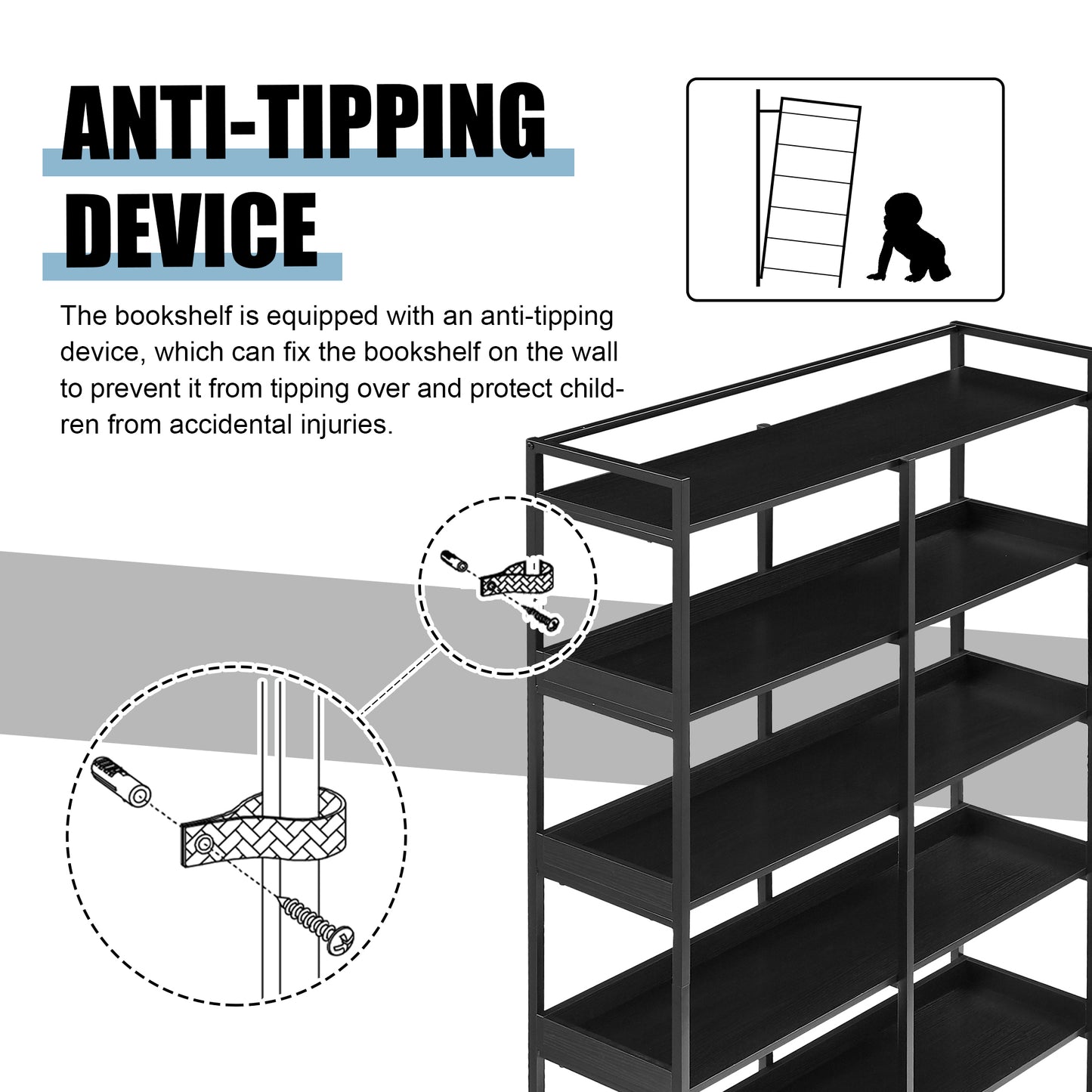 70.8 Inch Tall Bookshelf MDF Boards Stainless Steel Frame, 6-tier Shelves with Back&Side Panel, Adjustable Foot Pads, Black