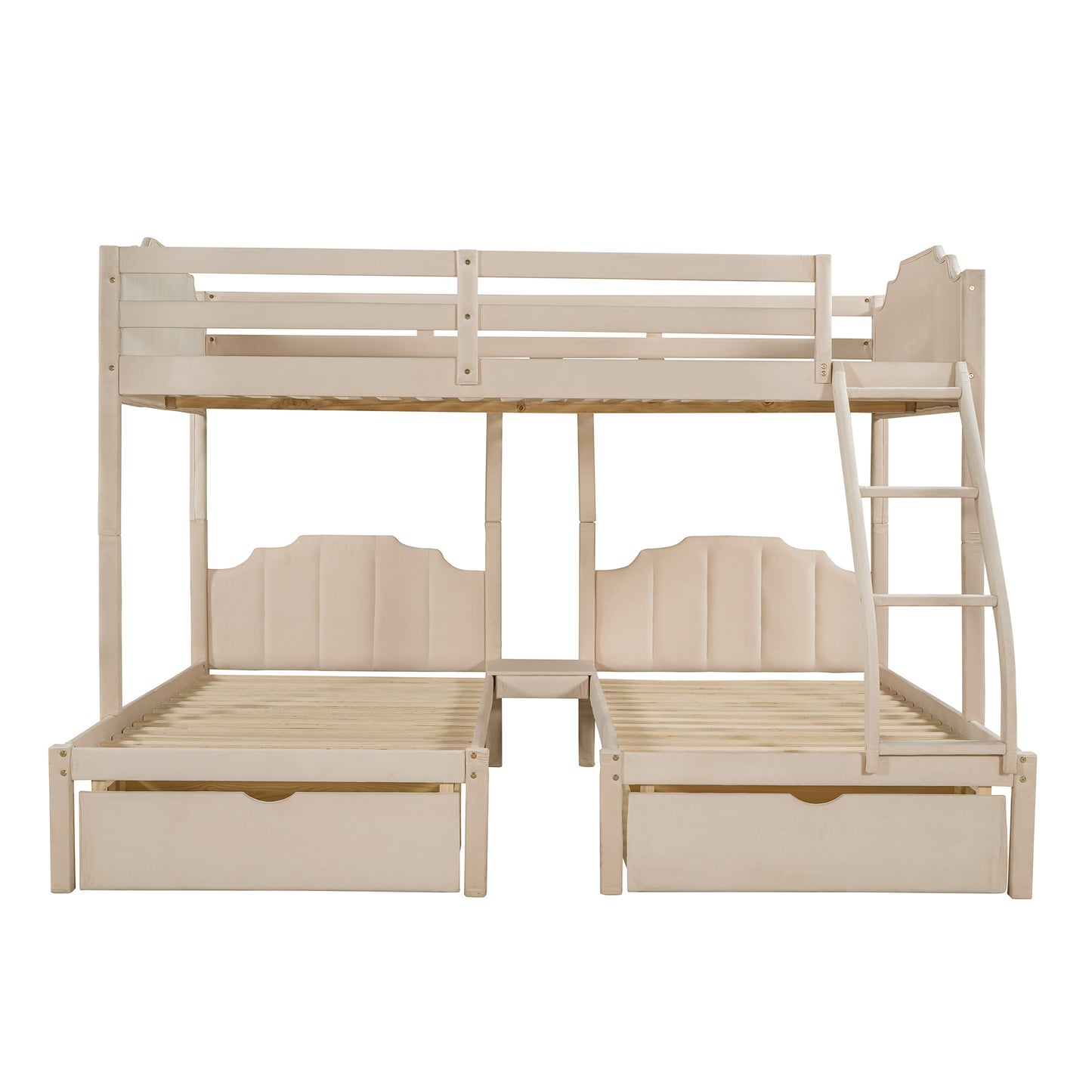 Full Over Twin & Twin Bunk Bed, Velvet Triple Bunk Bed with Drawers and Guardrails, Beige