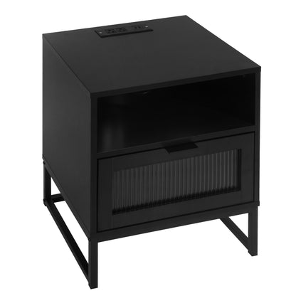 Nightstand with LED Lights / Drawer, Black Bedside Table for Bedroom