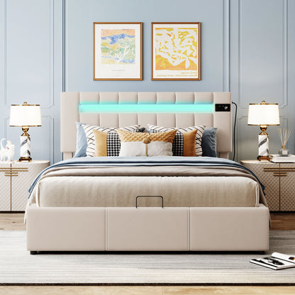 Upholstered Bed Queen Size with LED light, Bluetooth Player and USB Charging, Hydraulic Storage Bed in Beige Velvet Fabric