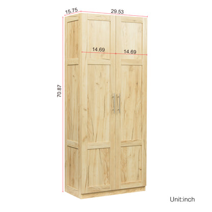 High wardrobe and kitchen cabinet with 2 doors and 3 partitions to separate 4 storage spaces, oak