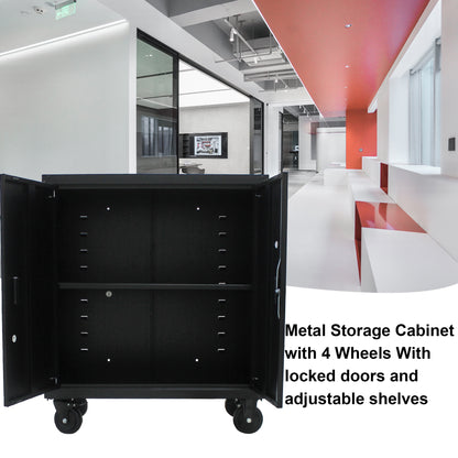 Metal Storage Cabinet with Locking Doors and One  Adjustable Shelves With 4 Wheels