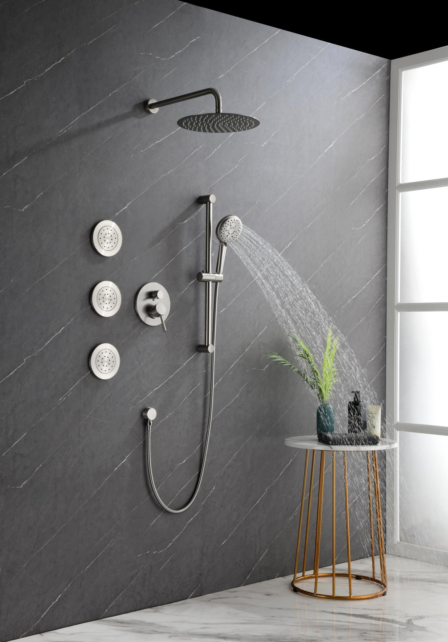 Shower System with Shower Head, Hand Shower, Slide Bar, Bodysprays, Shower Arm, Hose, Valve Trim, and Lever Handles