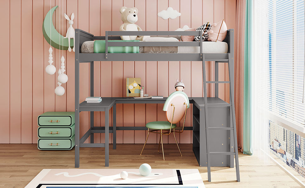 Full size Loft Bed with Shelves and Desk, Wooden Loft Bed with Desk - Gray