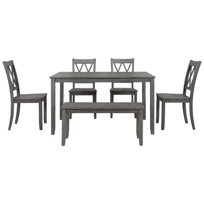 TOPMAX 6-piece Wooden Kitchen Table set, Farmhouse Rustic Dining Table set with Cross Back 4 Chairs and Bench,Antique Graywash