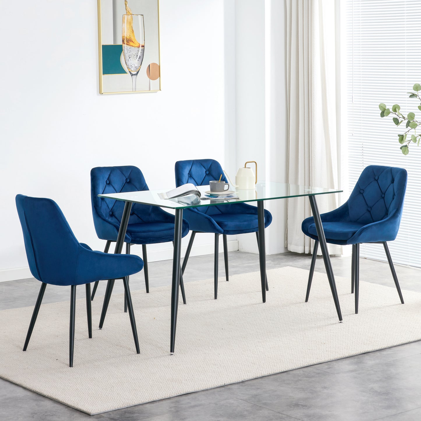 Kitchen Dining Room Metal legs Glass Table Set with 4 pcs blue velvet fabric dining chairs