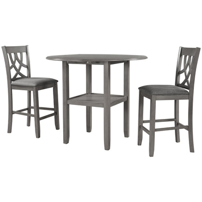 TOPMAX Farmhouse 3 Piece Round Counter Height Kitchen Dining Table Set with Drop Leaf Table, One Shelf and 2 Cross Back Padded Chairs for Small Places, Gray