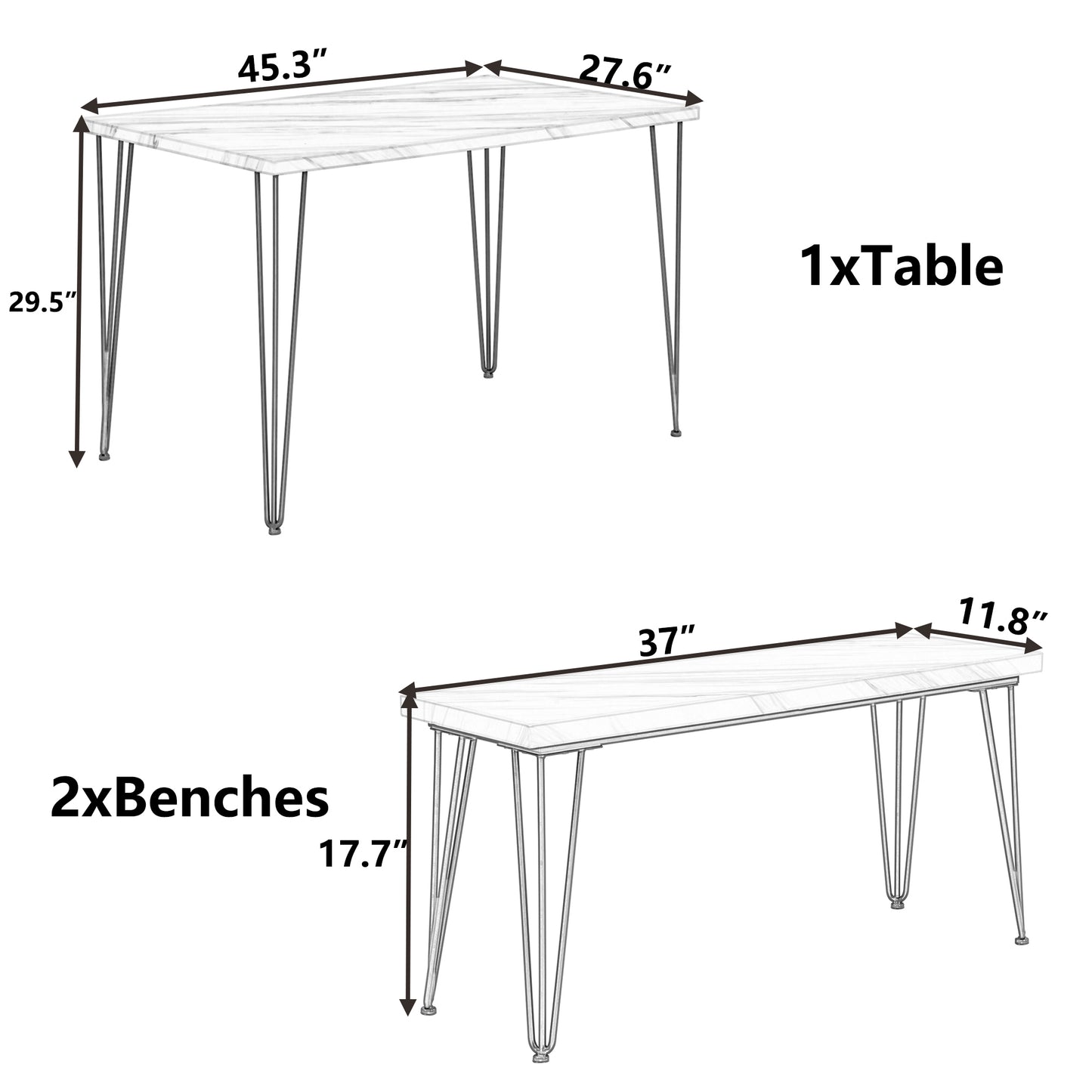 TOPMAX Rustic Farmhouse 3-Piece Dining Table Set with 2 Benches,Thick Table/Bench Top with Iron Frame for 4 in Small Places,Faux Marble White+Gold Frame