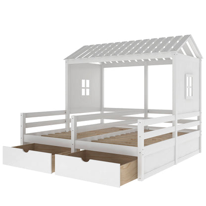 Twin Size House Platform Beds with Two Drawers for Boy and Girl Shared Beds, Combination of 2 Side by Side Twin Size Beds, White