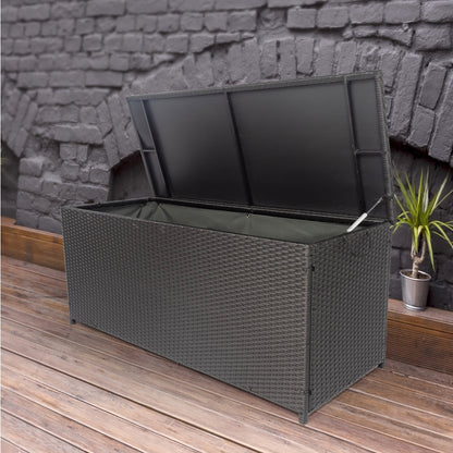 Outdoor Storage Box, 113 Gallon Wicker Patio Deck Boxes with Lid, Outdoor Cushion Storage Container Bin Chest for Kids Toys, Pillows, Towel Black