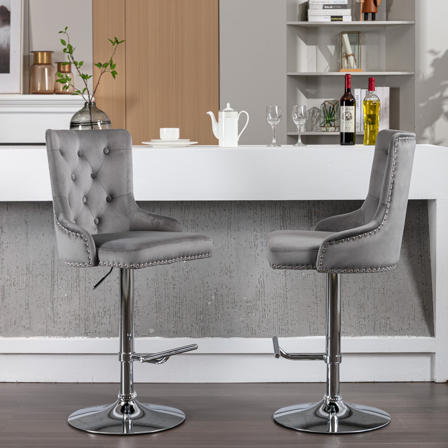 Swivel Velvet Barstools Adjusatble Seat Height , Modern Upholstered Bar Stools with Backs Comfortable Tufted for Home Pub and Kitchen Island（Gray,Set of 2）