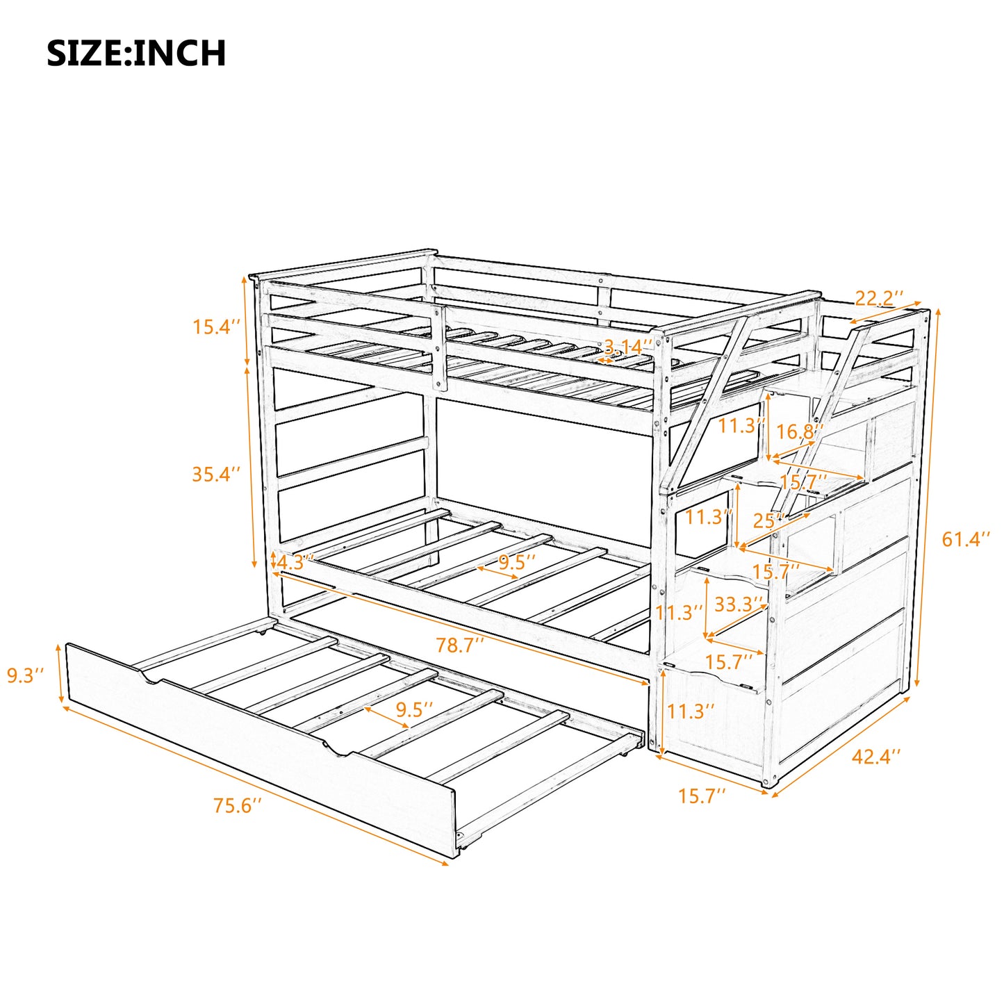 Twin-Over-Twin Bunk Bed with Twin Size Trundle and 3 Storage Stairs,Walnut (OLD SKU :LP000064AAD)