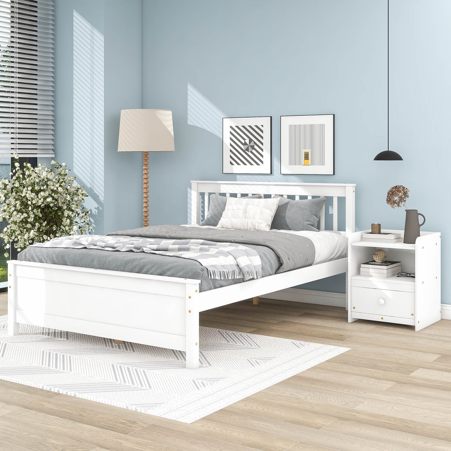 Full Bed with Headboard and Footboard for Kids, Teens, Adults,with a Nightstand ,White