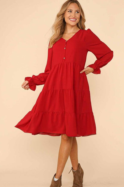 V NECK BUTTON DETAIL RUFFLE HEM TIERED DRESS