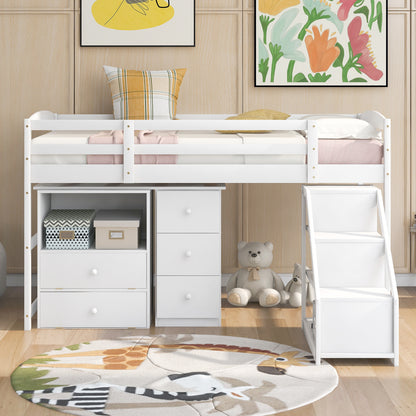 Twin Size Loft Bed with Multifunctional Movable Built-in Desk and and Staircase,White(OLD SKU:GX000925AAK)