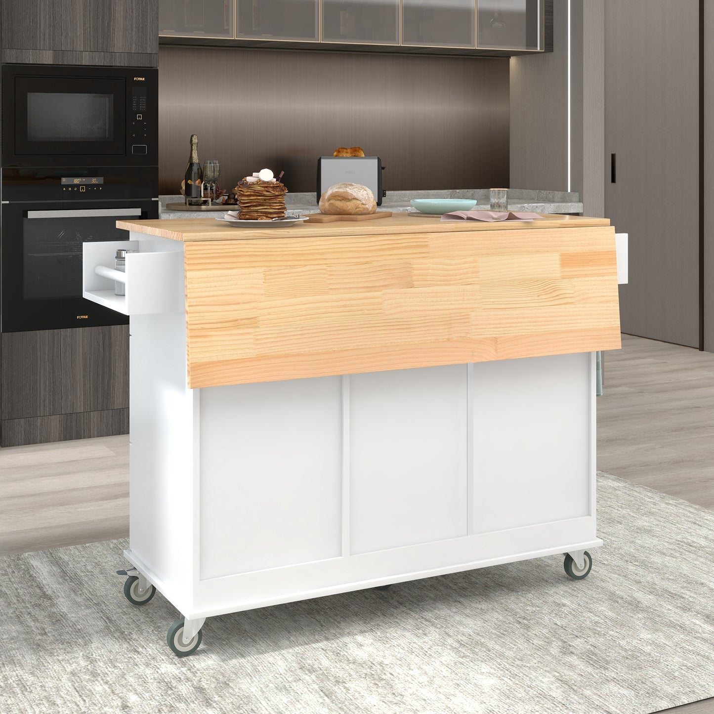 Rolling Mobile Kitchen Island with Solid Wood Top and Locking Wheels，52.7 Inch Width，Storage Cabinet and Drop Leaf Breakfast Bar，Spice Rack, Towel Rack & Drawer （White）