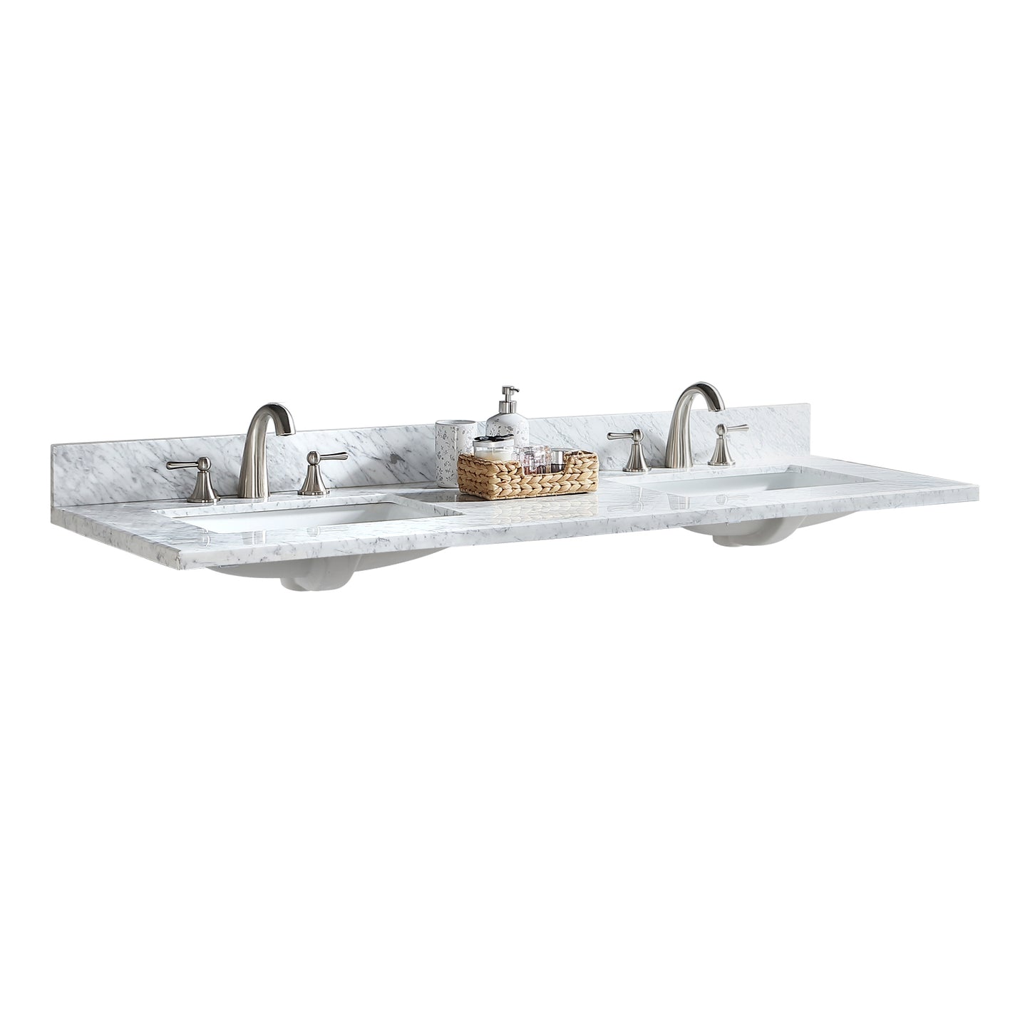 60" Vanity Top with Under Mount Rectangle Double Sink, Marble Stone, 8-inch widespread Faucet Hole,  Carrara White