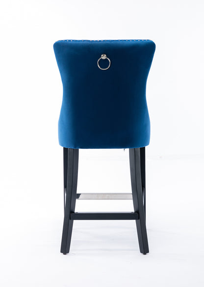 Set of 2 Upholstered Blue Velvet Bar stool with Solid Wood Legs