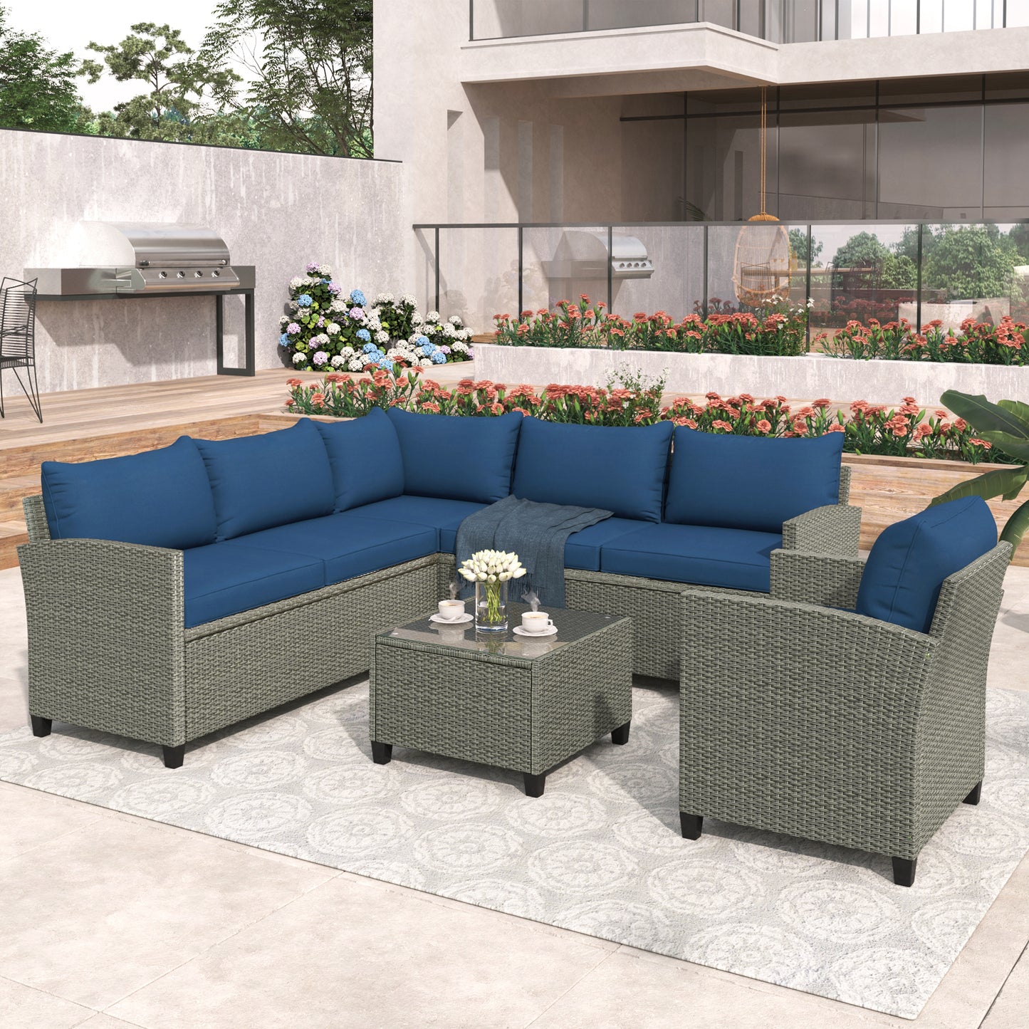 U_STYLE Patio Furniture Set, 5 Piece Outdoor Conversation Set，with Coffee Table, Cushions and Single Chair