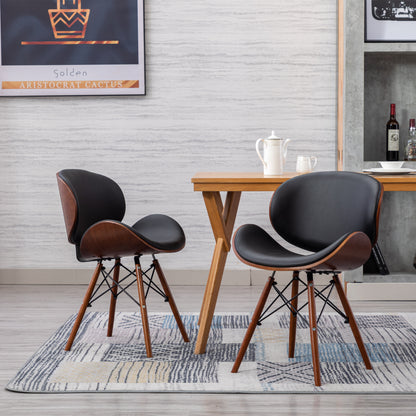 HengMing Mid Century Modern Accent Chairs, Upholstered Faux Leather Walnut Curved Back Contemporary Dining Kitchen, Minimalist Vintage Style [Set of 2] Black