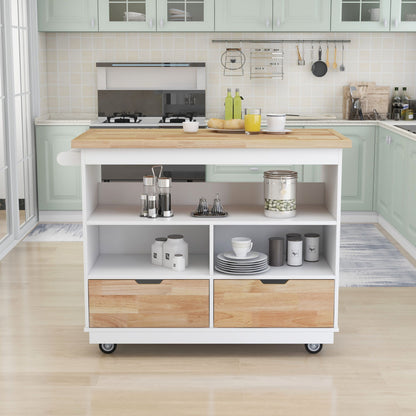 Kitchen Cart Rolling Mobile Kitchen Island Solid Wood Top, Kitchen Cart With 2 Drawers,Tableware Cabinet（White）