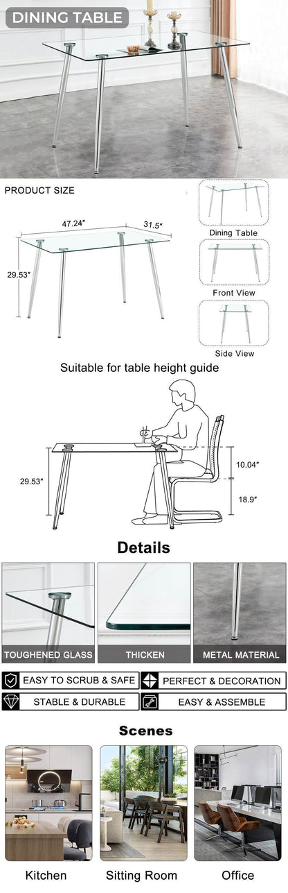 Modern Minimalist Rectangular Glass Dining Table for 4-6 with 0.31" Tempered Glass Tabletop and Silver Chrome Metal Legs, Writing Table Desk, for Kitchen Dining Living Room, 47" W x 29"D x 30" H