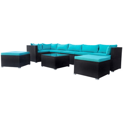 GO 9-piece Outdoor Patio PE Wicker Rattan conversation Sectional Sofa sets with 3 sofa, 3 corner sofa, 2 ottomans, and 1 glass coffee table, removable soft cushions (Black wicker, Blue cushion)