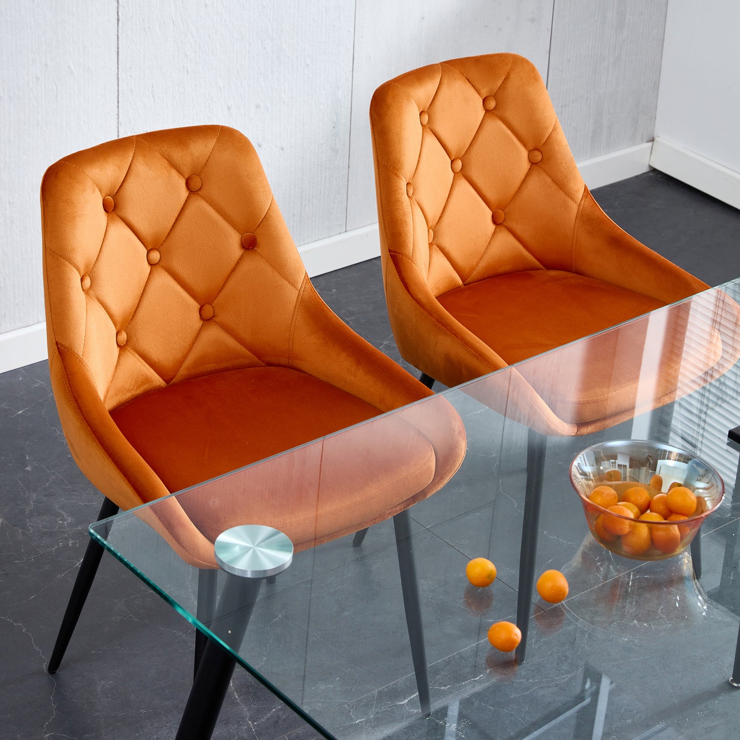 Kitchen Dining Room Metal legs Glass Table Set with 4 pcs orange velvet fabric dining chairs