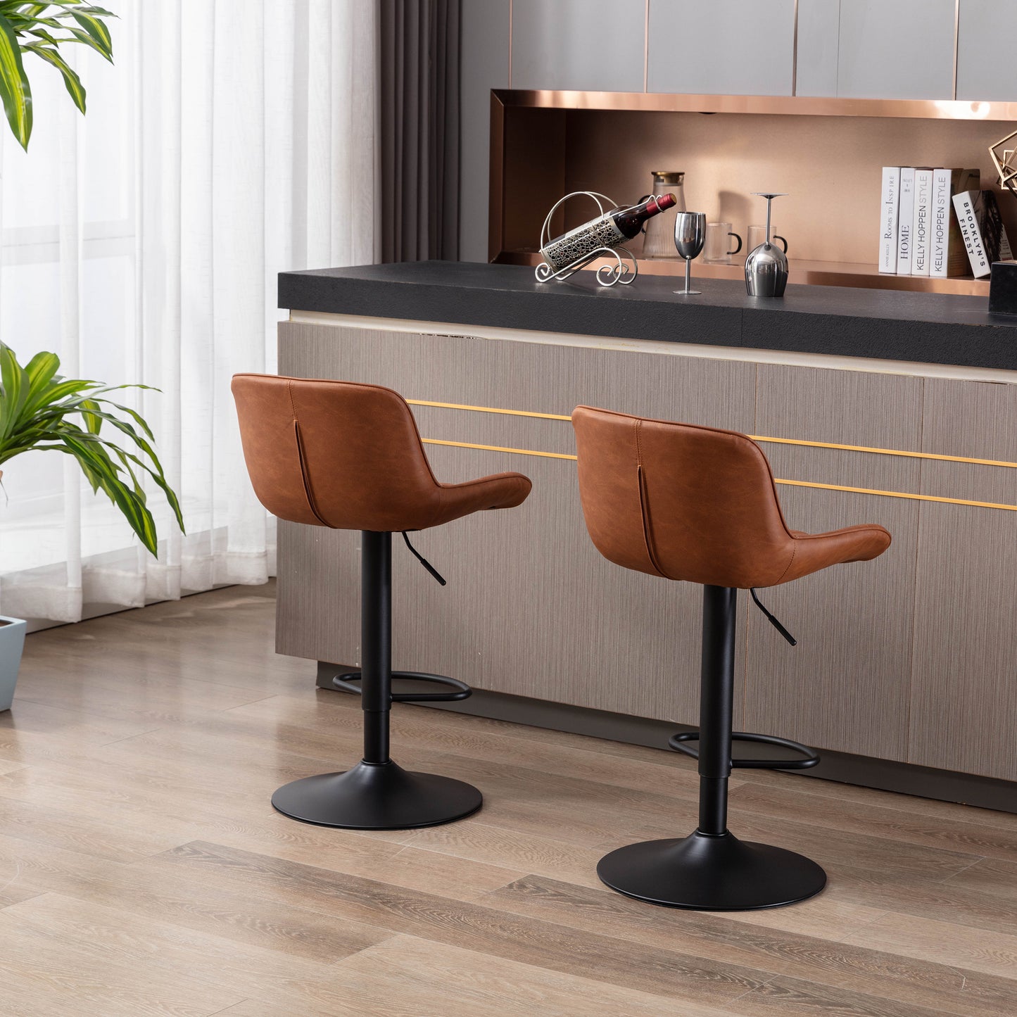 Set of 2  Bar Stools,with Black Footrest and Base Swivel Height Adjustable Mechanical Lifting PU + Black Leg Simple Bar Stool-brown