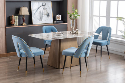 A&A Furniture,Akoya Collection Modern | Contemporary Velvet Upholstered Dining Chair with Nailheads and Gold Tipped Black Metal Legs, Light Blue，Set of 2