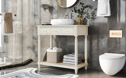 36" Bathroom Vanity Base without Sink, Open Storage Shelf, Two Drawers, Pre-Drilled Holes, Roman Style, Antique White