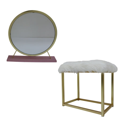 ACME Adao Vanity Mirror & Stool, Faux Fur, Mirror, Pink & Gold Finish AC00934