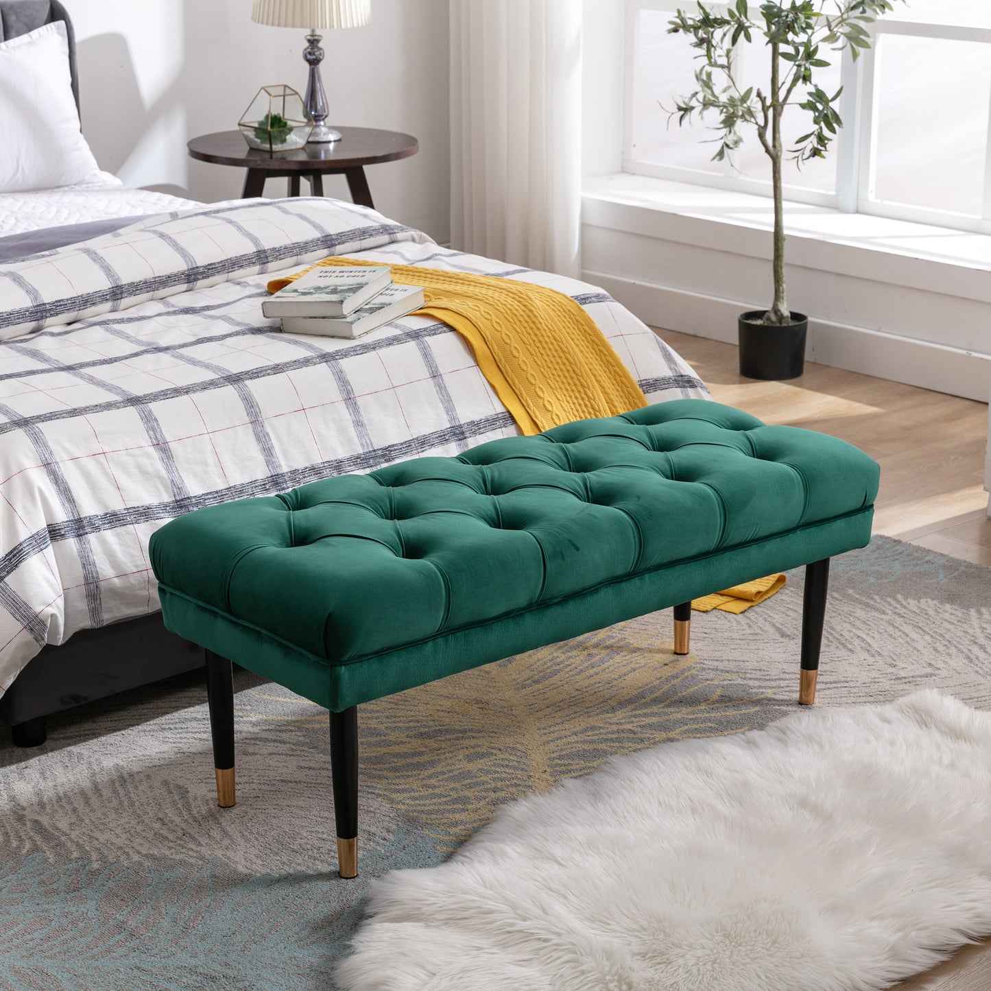 Tufted Bench Modern Velvet Button Upholstered Ottoman enches Bedroom Rectangle Fabric Footstool with Metal Legs for Living Room Entryway,Green