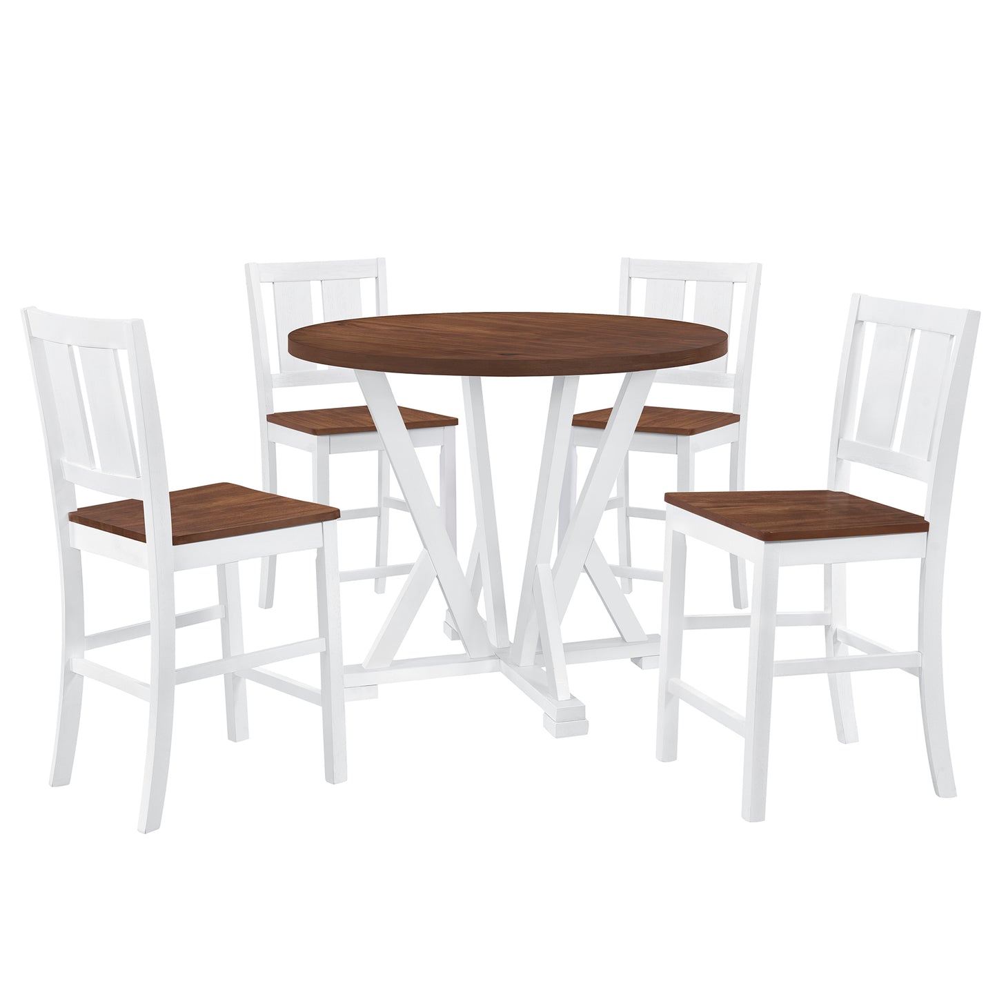 TOPMAX Rustic Farmhouse 5-Piece Counter Height Dining Table Set, Round Kitchen set with 4 Dining Chairs and Thick Tabletop, Brown